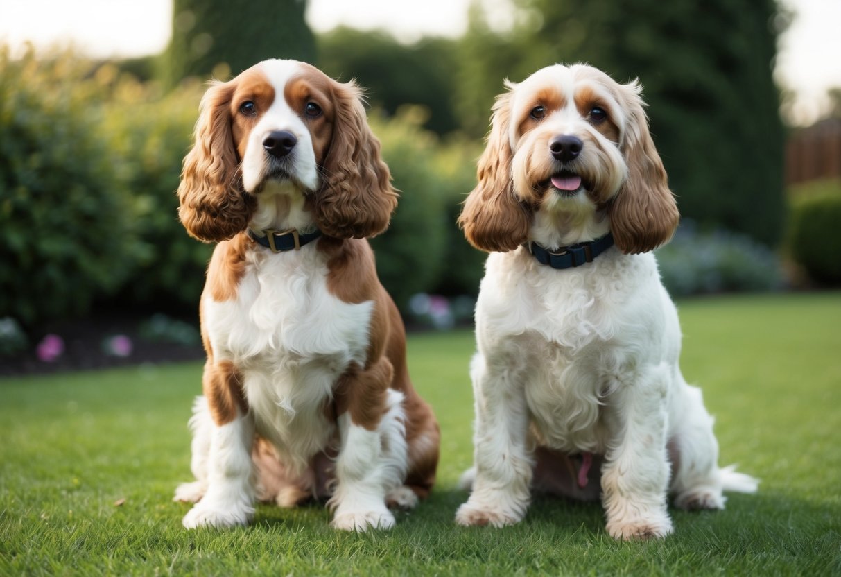 Two dogs, a cocker spaniel and a cockapoo, sitting side by side in a peaceful garden setting. The cocker spaniel appears calm and relaxed, while the cockapoo seems more energetic and playful