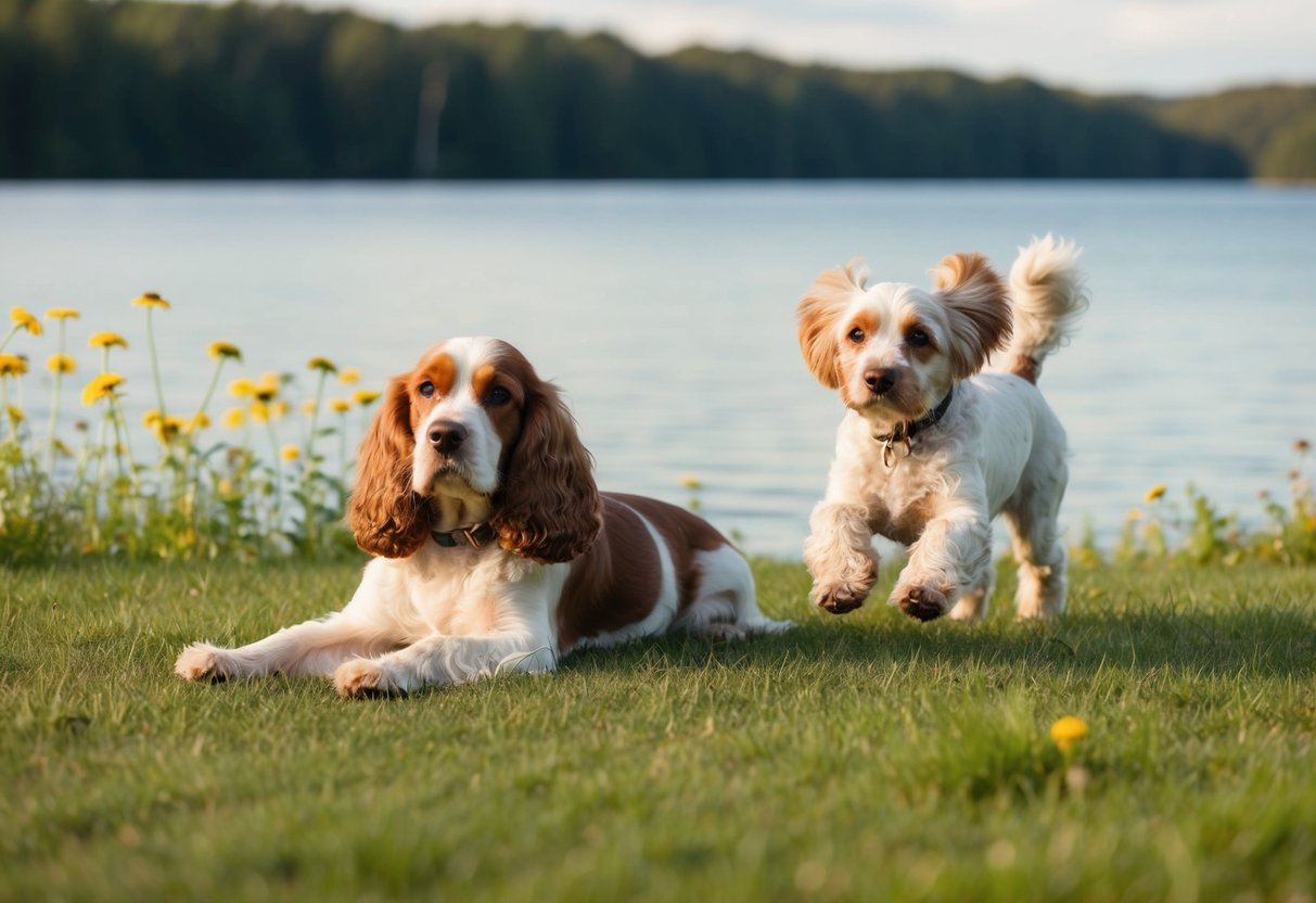 A calm cocker spaniel lounges by a peaceful lake, while a lively cockapoo bounds through a field of wildflowers
