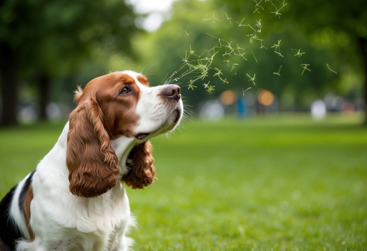 A cocker spaniel sniffs the air with its nose raised, surrounded by various scents in a lush, green park