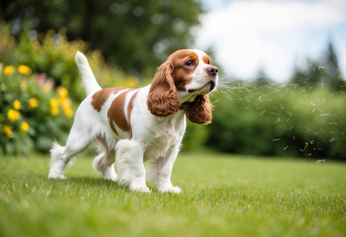 A Cocker Spaniel with a keen sense of smell, sniffing the air with its nose twitching, surrounded by various scents in a lush outdoor setting