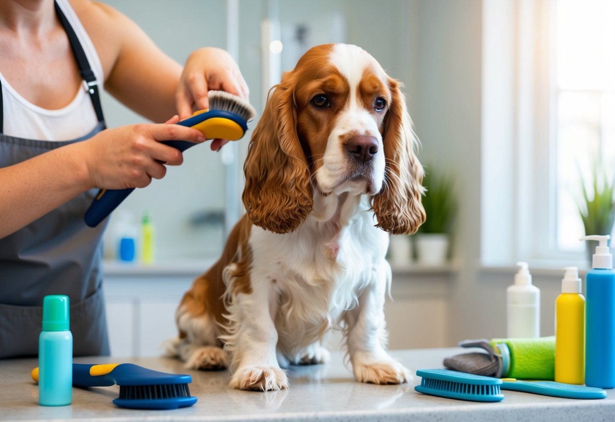 A cocker spaniel being brushed and bathed in a clean, well-lit grooming area, surrounded by grooming tools and products