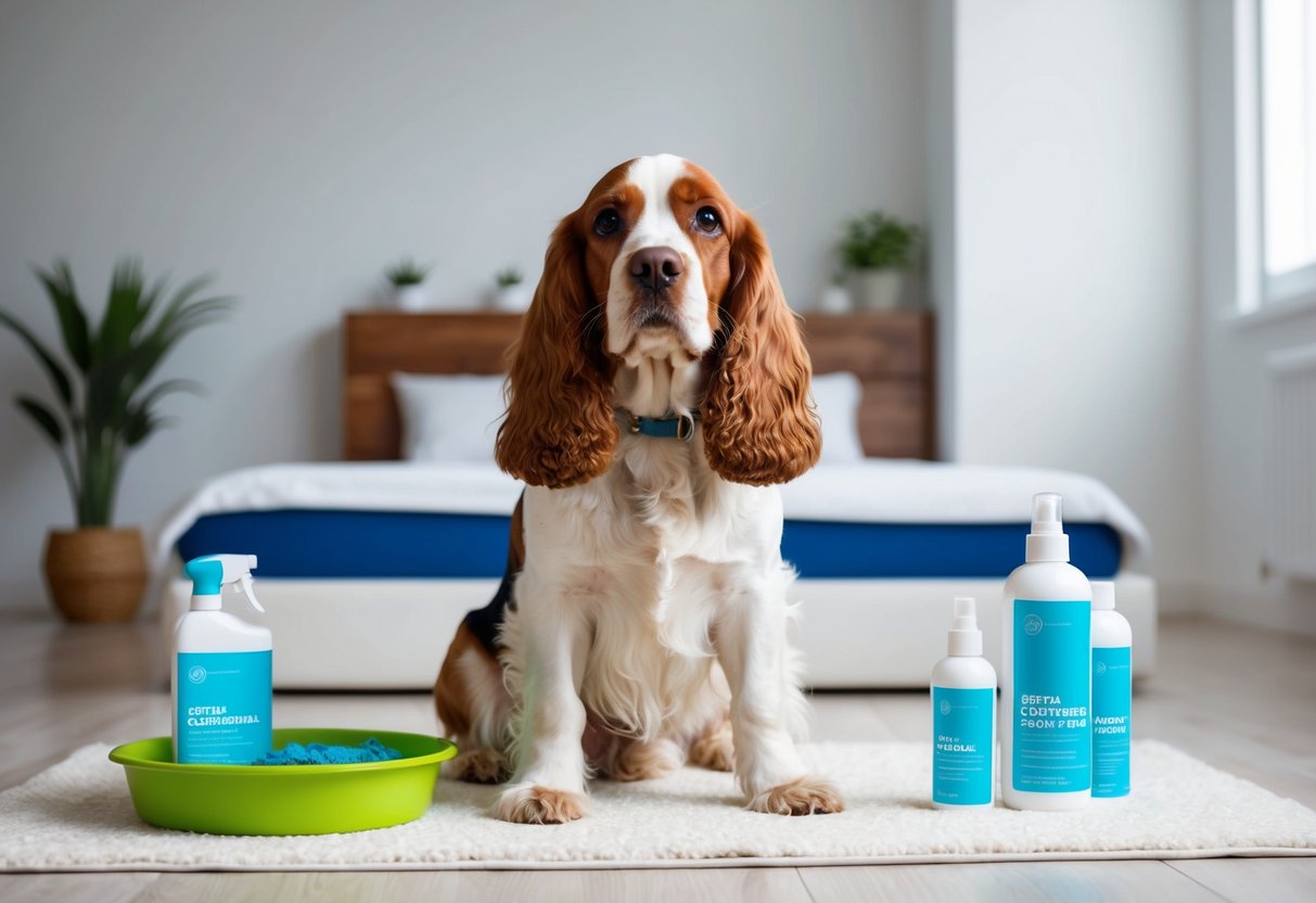 A cocker spaniel sitting in a clean, well-ventilated room with a bowl of fresh water and a clean bed, surrounded by odor-neutralizing products