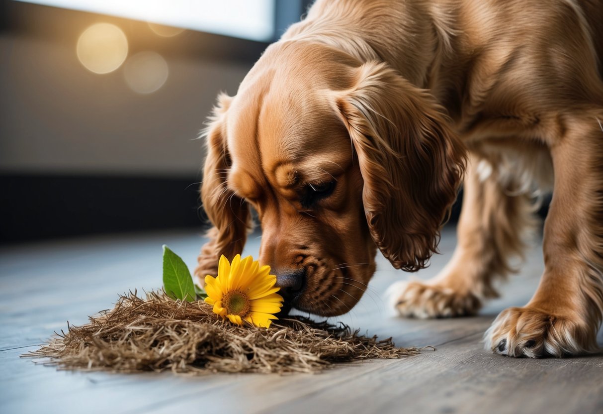 A cocker spaniel's shedding fur creates a small pile on the floor, while the dog's nose sniffs at a flower with a wrinkled expression