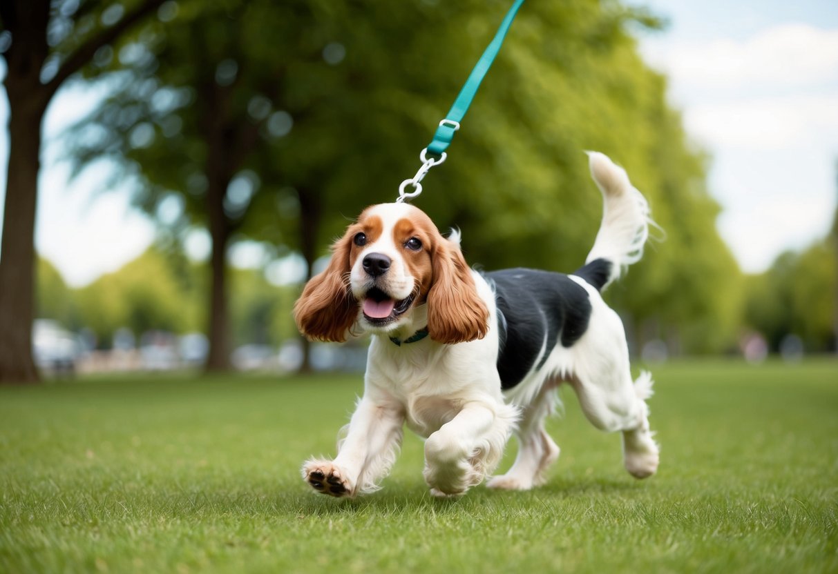 A cocker spaniel tugging eagerly on its leash during a walk in a park, with its body leaning forward and tail wagging excitedly
