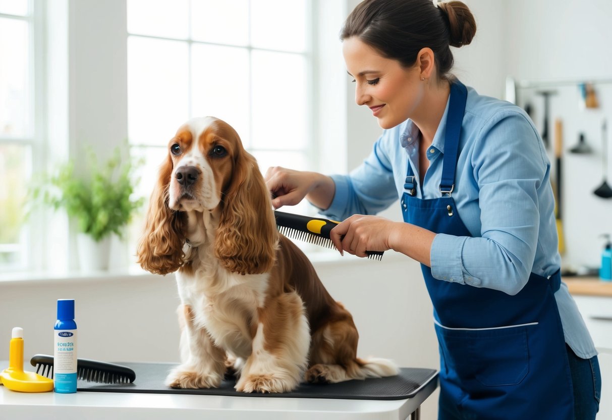 A Cocker Spaniel with a lustrous, healthy coat being groomed and brushed by its owner in a bright, airy room with grooming tools and products nearby