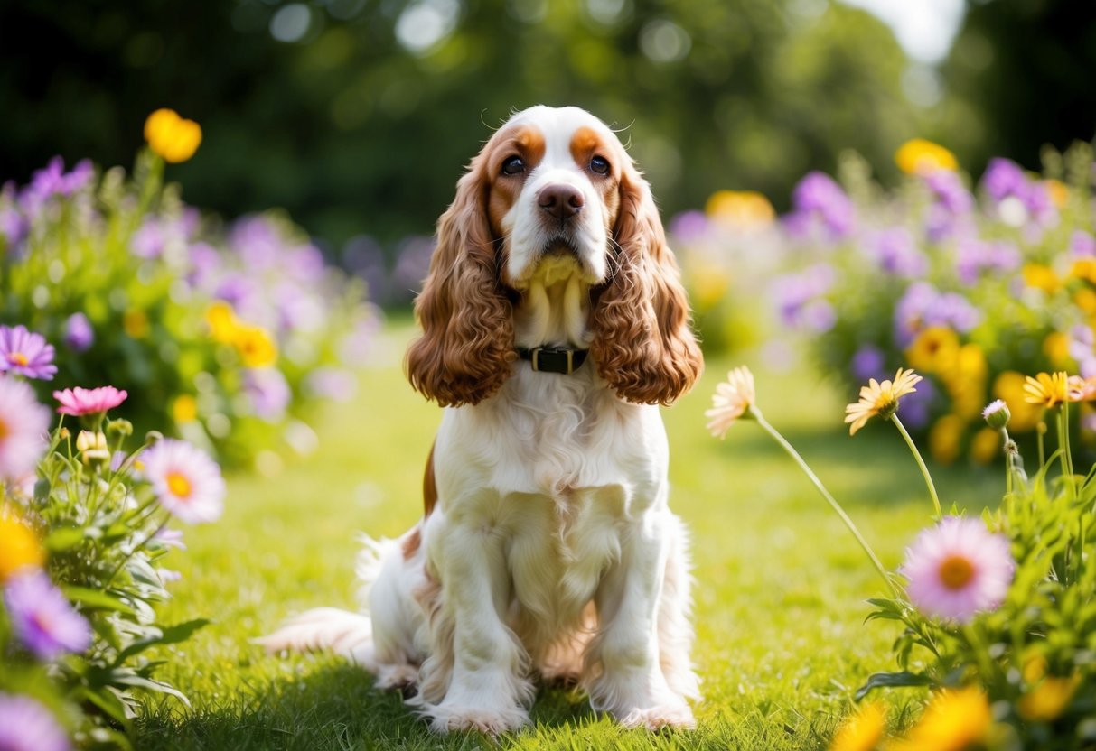 A content Cocker Spaniel sits in a sunny garden, surrounded by fresh flowers. A gentle breeze carries away any hint of odor, leaving the air clean and sweet