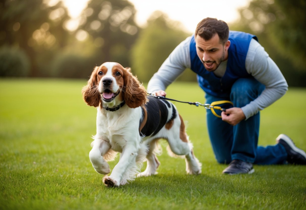 A cocker spaniel pulls eagerly on a leash during a training session, with a frustrated owner trying to regain control