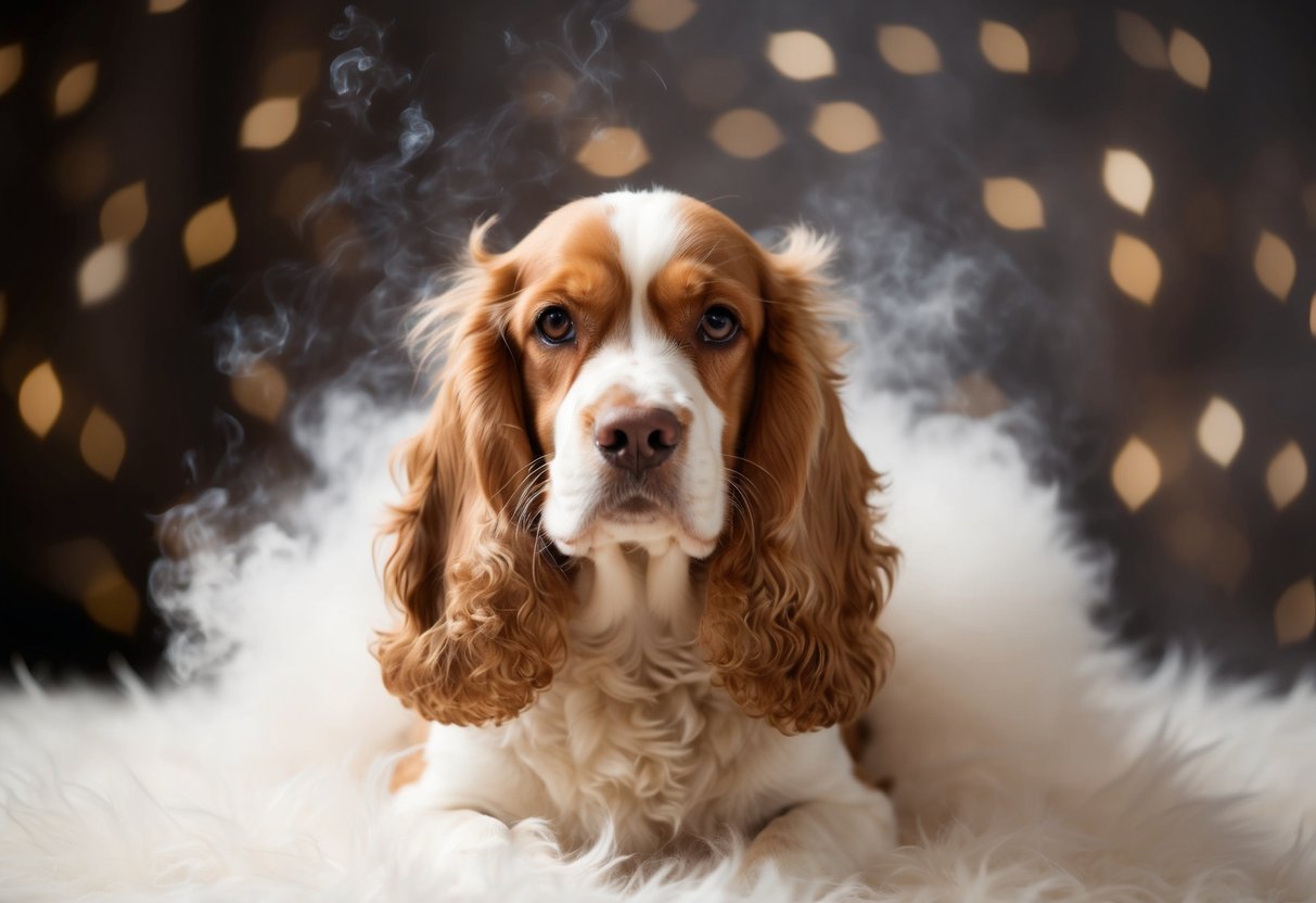 A cocker spaniel surrounded by a cloud of fur, with a subtle scent emanating from its coat