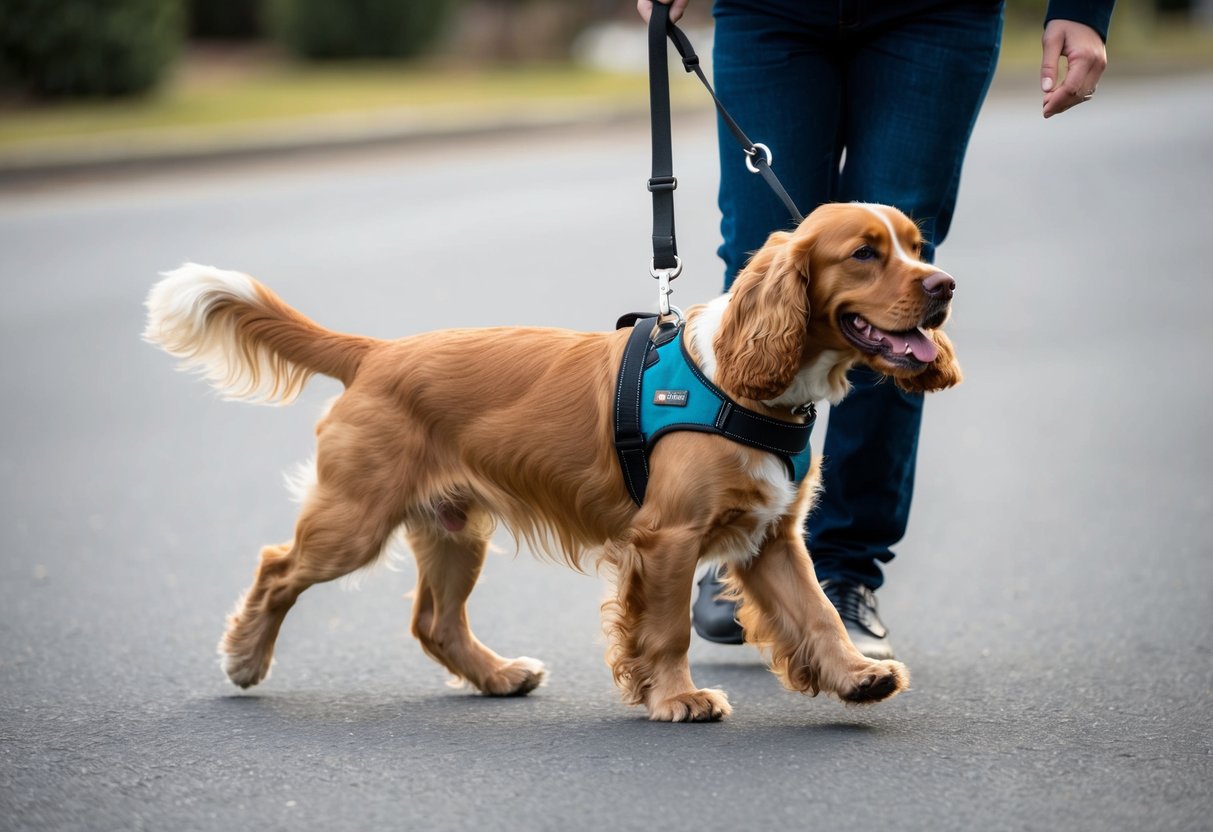 A cocker spaniel wearing a harness is being walked on a leash by its owner. The dog is eagerly pulling ahead, with its tail wagging and ears flopping