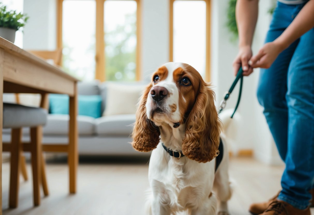 A cocker spaniel follows a person around the house, wagging its tail and looking up with adoring eyes