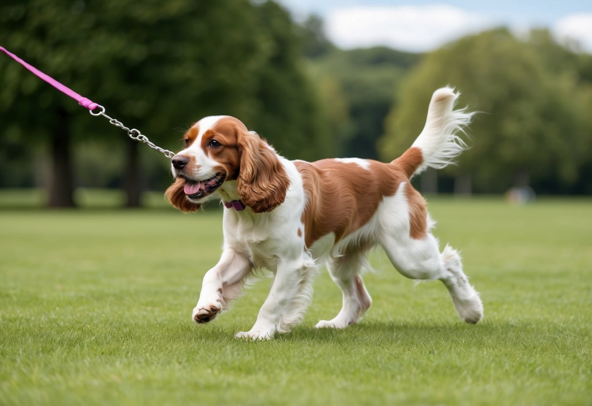 A cocker spaniel eagerly pulls on a leash during a stimulating game of fetch in a spacious, grassy park