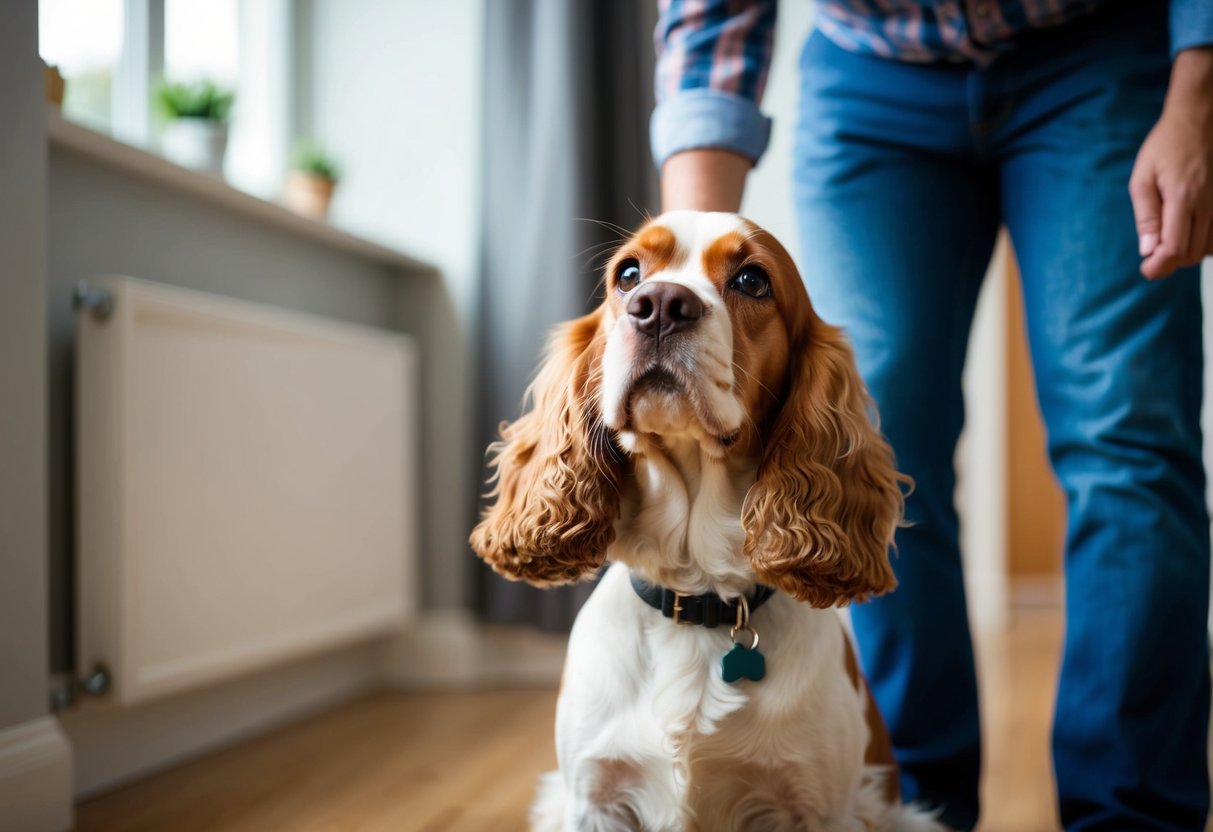 A cocker spaniel follows its owner from room to room, gazing up at them with adoring eyes, tail wagging eagerly