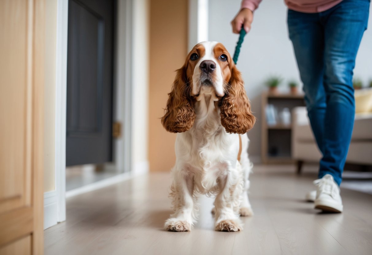A cocker spaniel follows its owner through the house, wagging its tail and looking up with adoring eyes