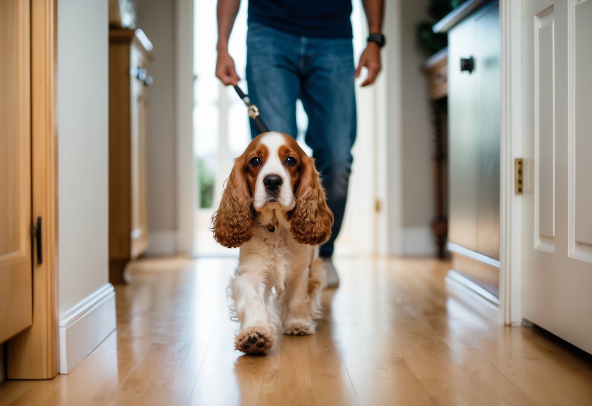 A cocker spaniel following closely behind its owner throughout the house, from room to room, with a look of unwavering loyalty and devotion in its eyes