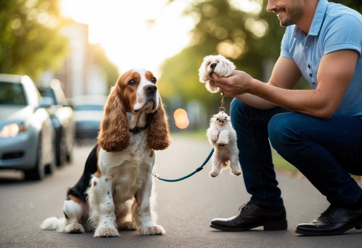 A cocker spaniel sits quietly as its owner rewards it for staying calm and quiet