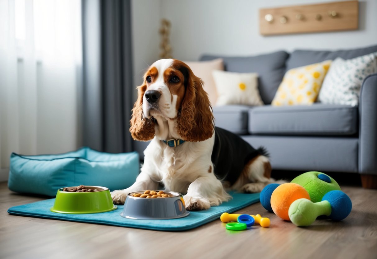 A cocker spaniel sits quietly beside a filled food and water bowl, a comfortable bed, and a variety of toys. A training clicker and treats are nearby