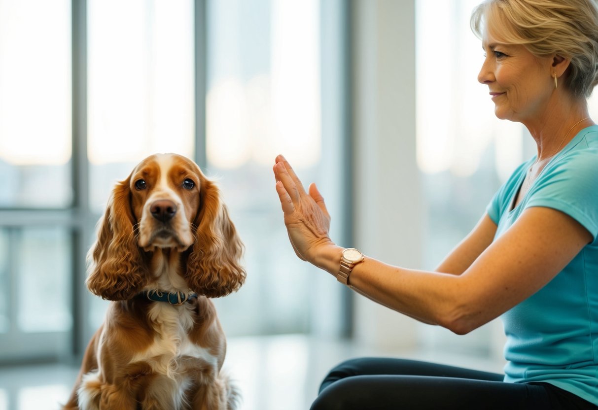A cocker spaniel sits quietly beside a person practicing daily calming exercises