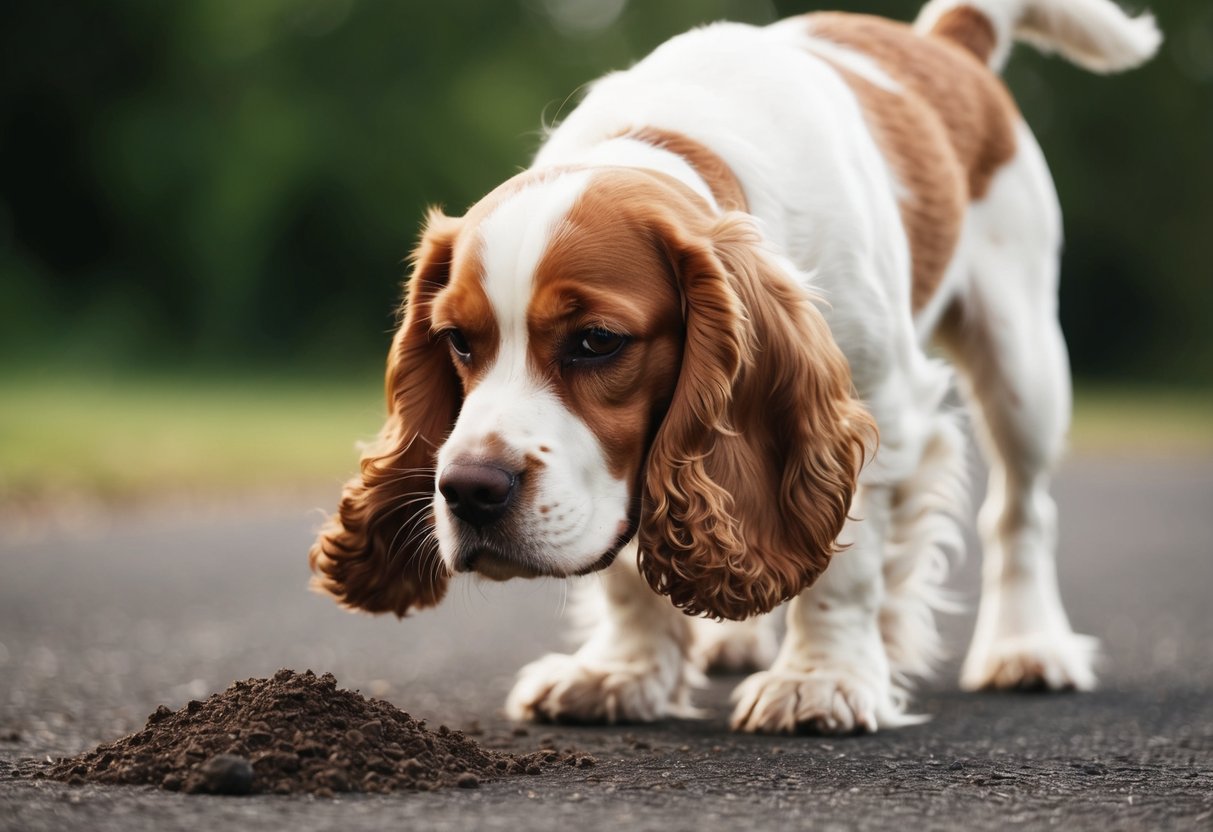 A cocker spaniel sniffs the ground eagerly, nose to the earth, tail wagging