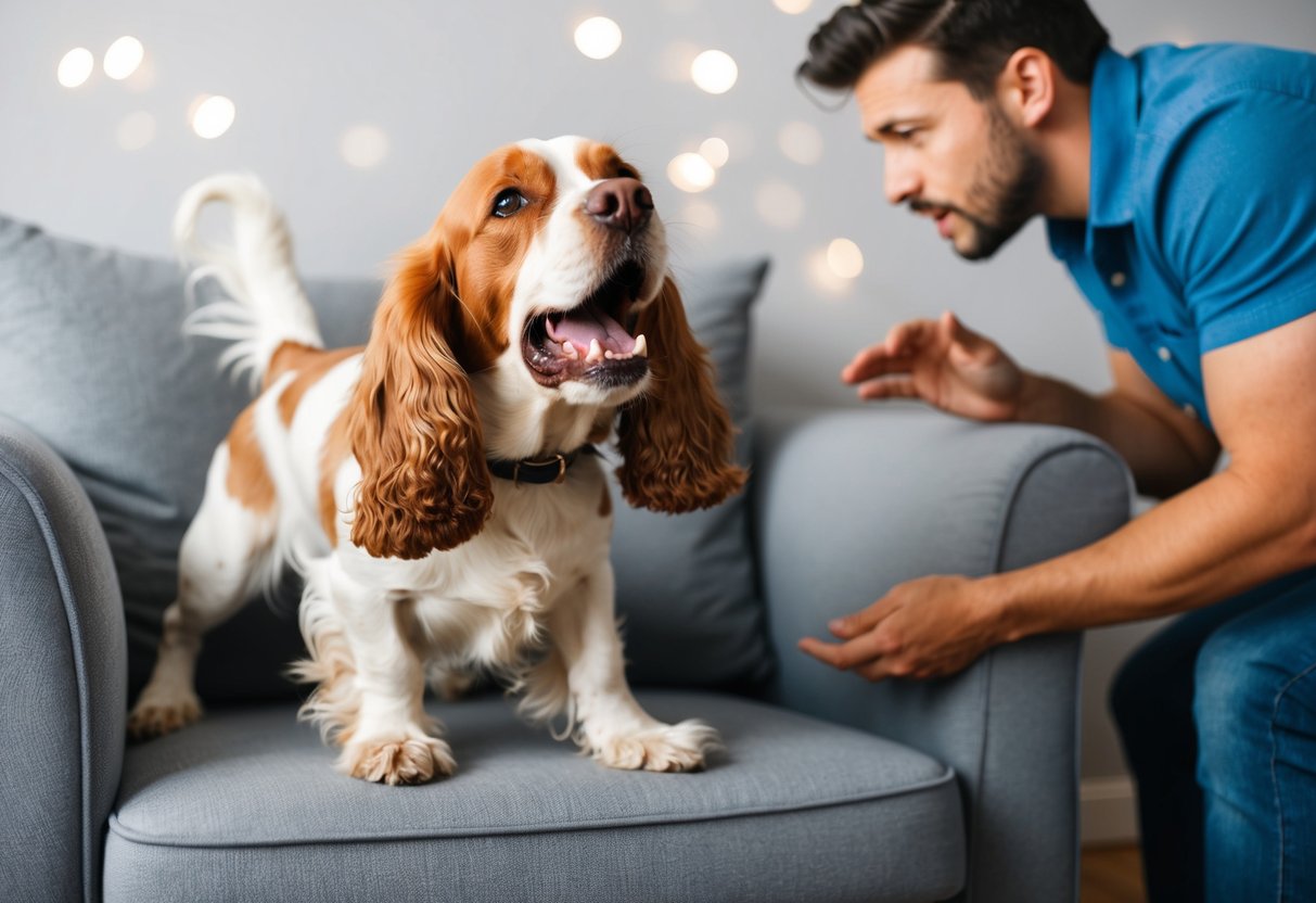 A cocker spaniel barking and jumping on furniture while the owner tries to calm them down
