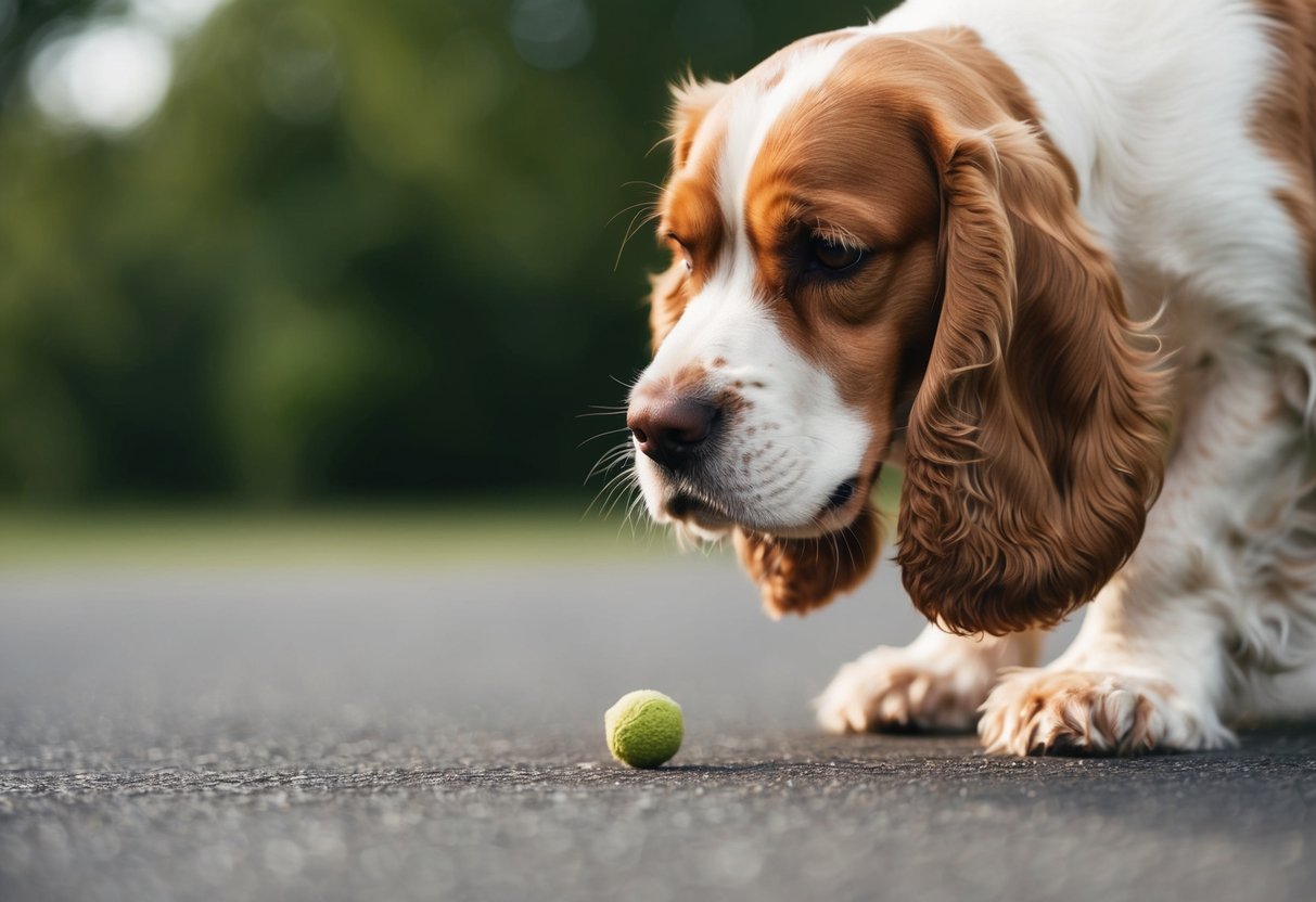 A cocker spaniel sniffs the air, nose to the ground, detecting odors related to health issues
