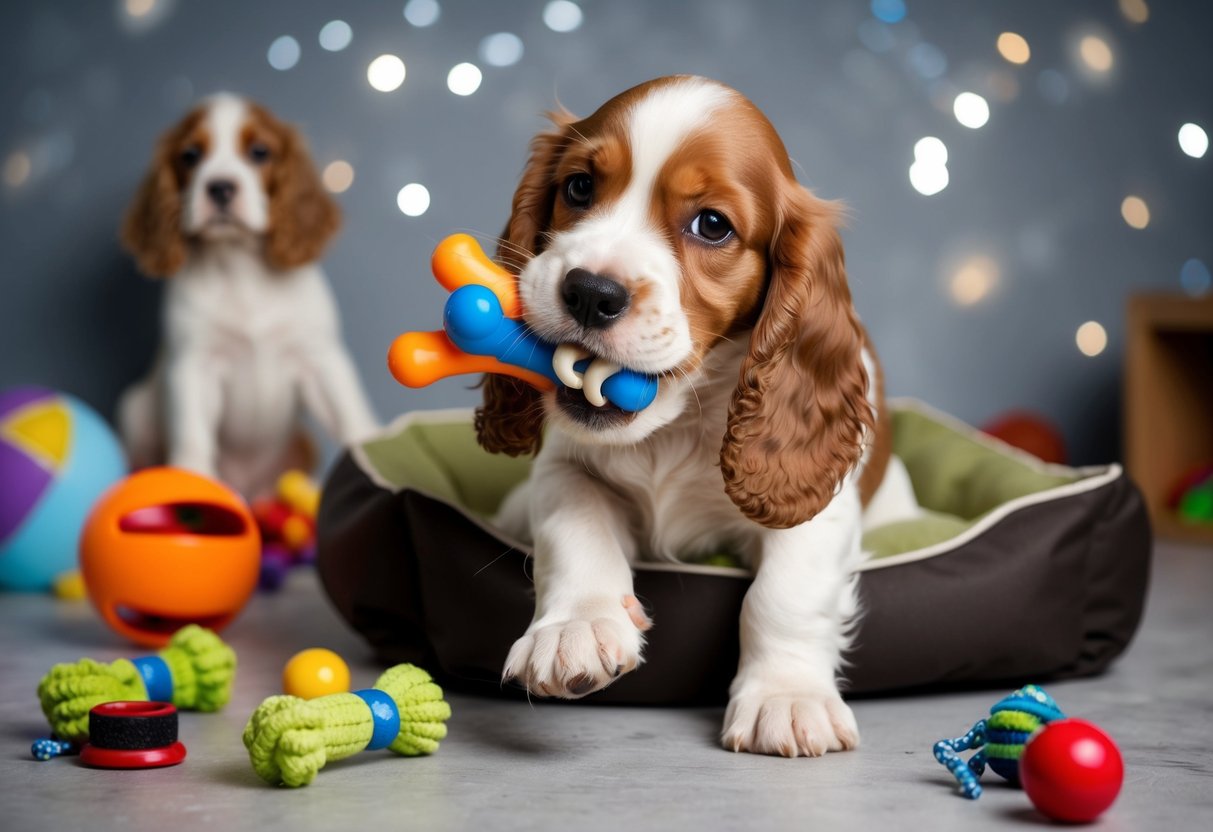 A young cocker spaniel puppy playfully nipping at a chew toy, surrounded by scattered toys and a dog bed