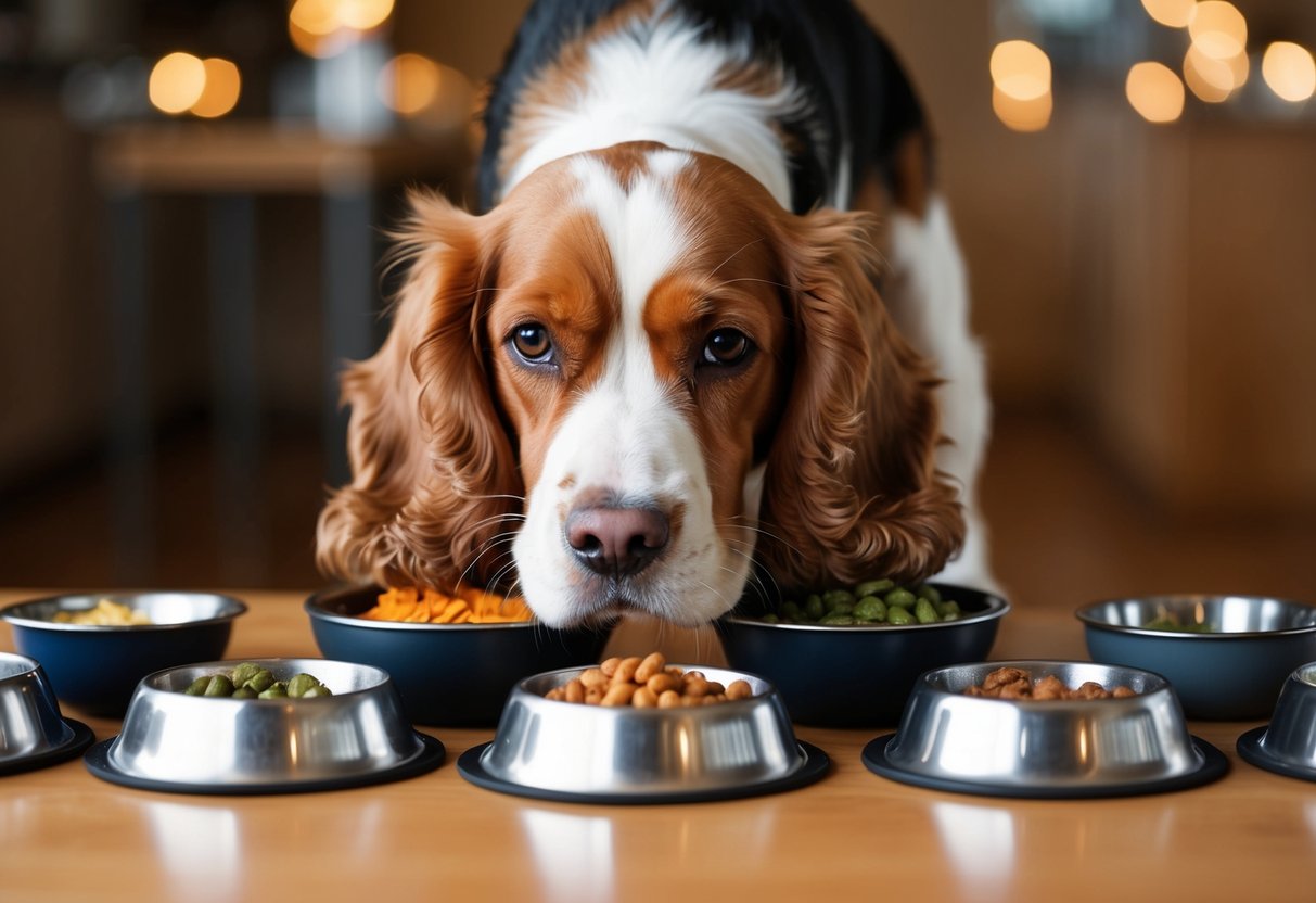 A cocker spaniel sniffs a variety of food bowls, their nose twitching with curiosity and interest