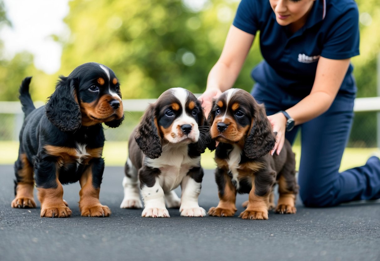 A group of cocker spaniel puppies engage in socialization and training activities, supervised by a knowledgeable trainer