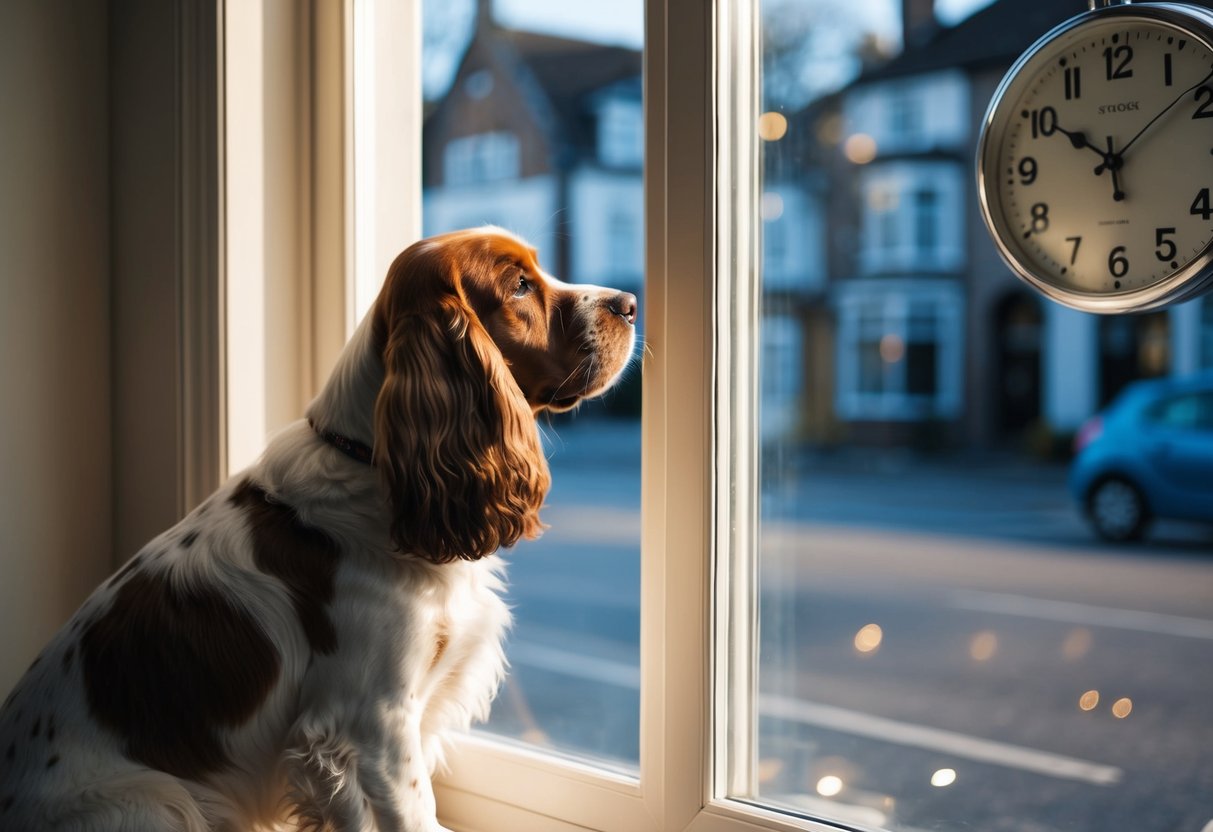 A cocker spaniel sits by a window, looking out at a quiet street, as sunlight streams in and a clock on the wall reads 12:00