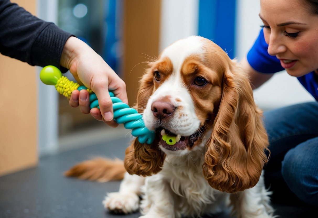 A young cocker spaniel playfully nips at a chew toy while a trainer gently redirects its attention