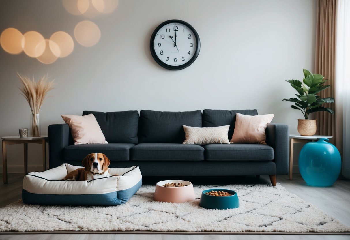 A cozy living room with a comfortable dog bed, toys, and a food and water bowl. A clock on the wall shows the time passing for 6 hours
