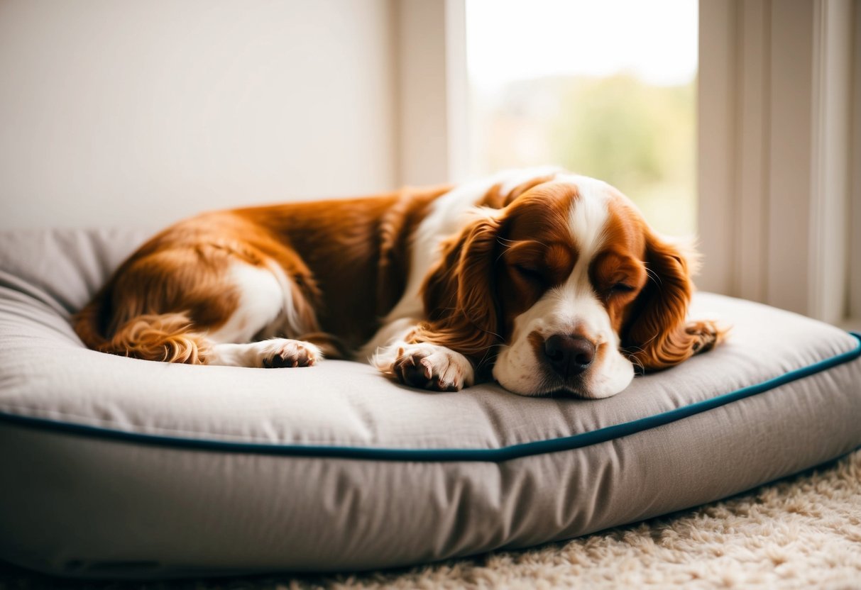A cocker spaniel sleeping peacefully on a soft, cushioned bed in a cozy corner of a sunlit room