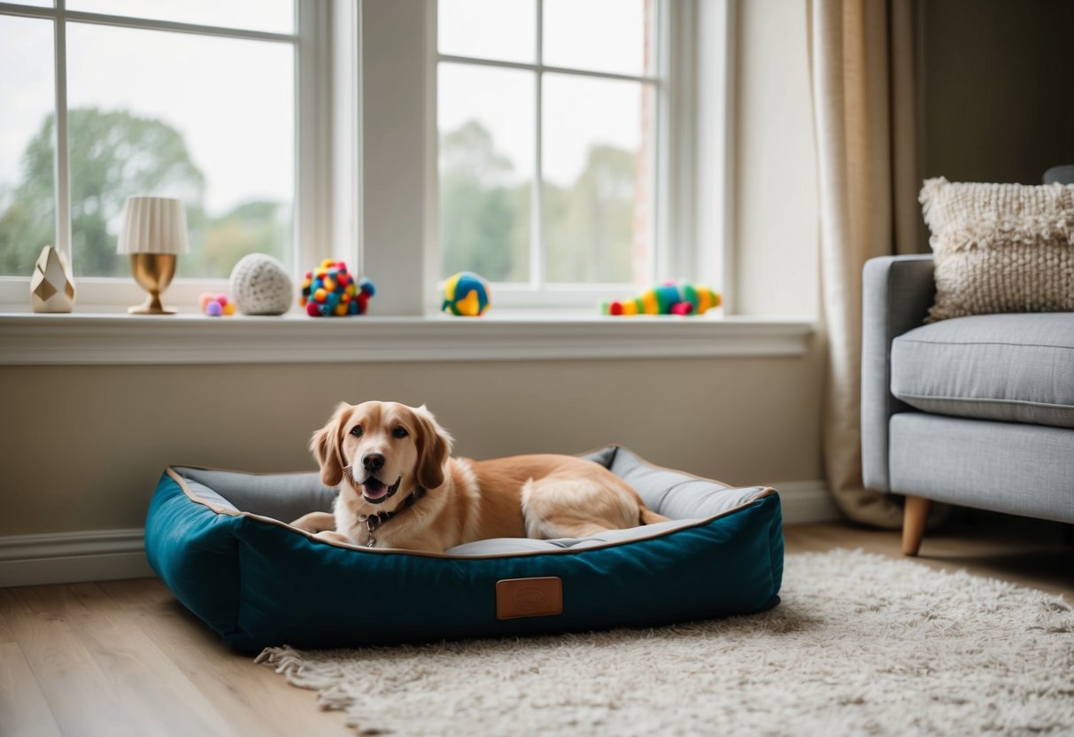 A cozy living room with a comfortable dog bed, a few toys, and a window to look out of