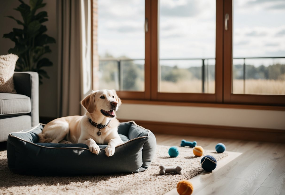 A cozy living room with a comfortable dog bed, toys scattered around, and a window with a view of the outdoors
