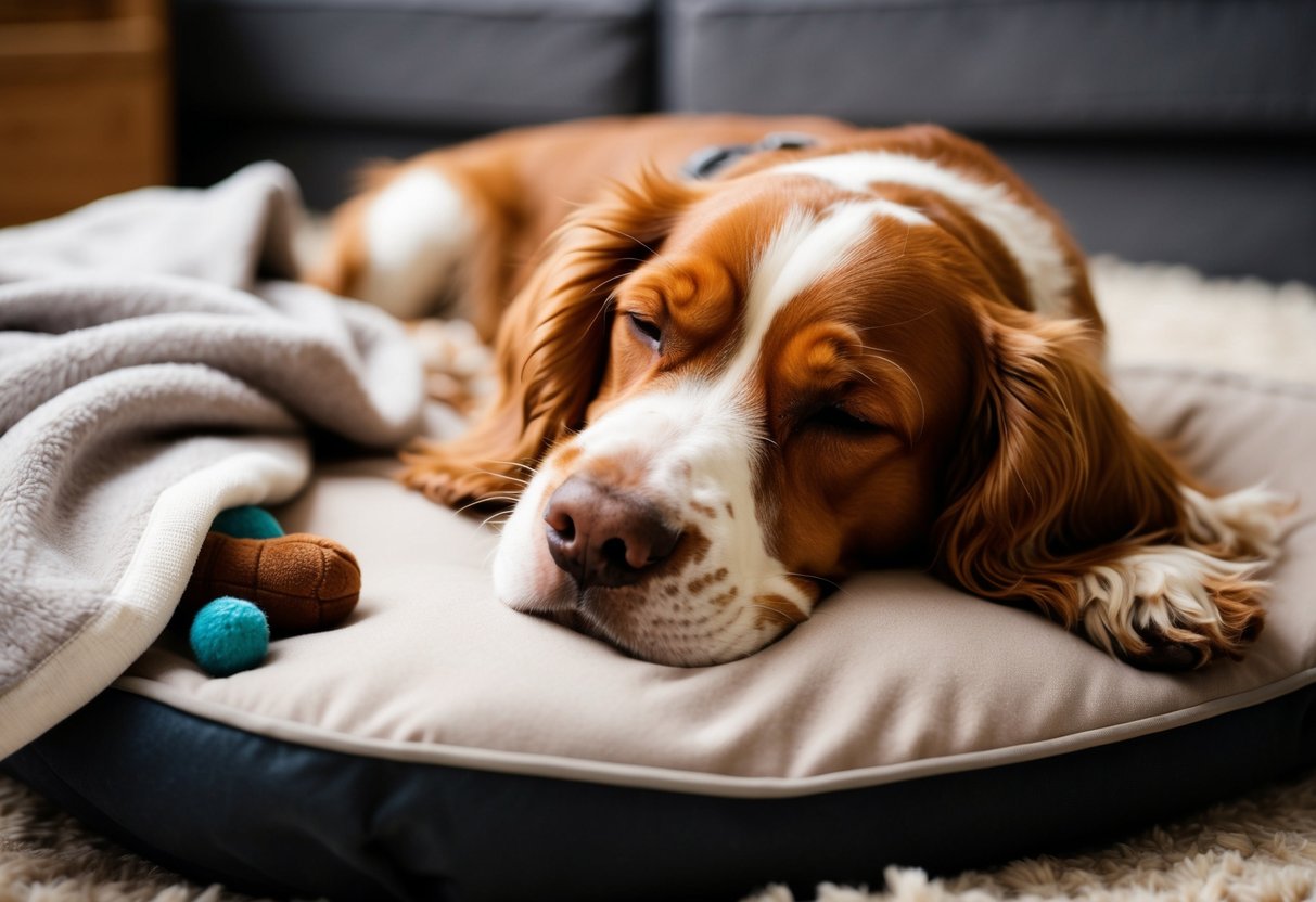 A cocker spaniel peacefully sleeping on a cozy dog bed, with a soft blanket and a favorite toy nearby