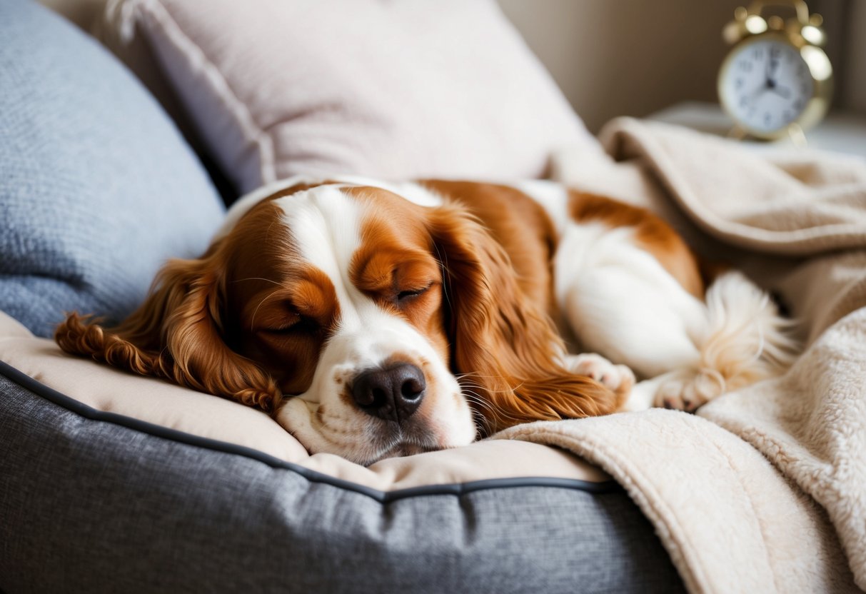 A cocker spaniel peacefully sleeping in a cozy dog bed, surrounded by soft pillows and a warm blanket, with a clock showing a recommended 12-14 hours of sleep