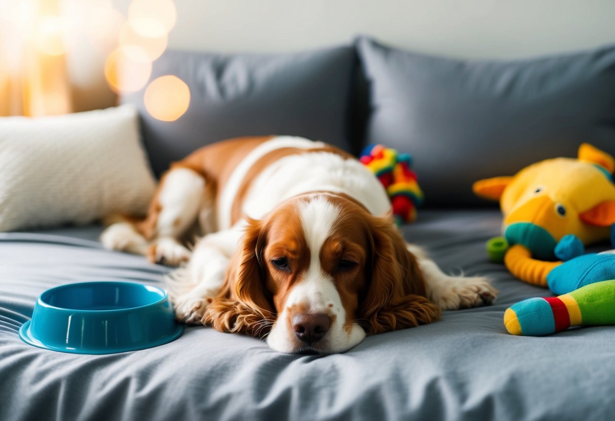 A contented cocker spaniel lying peacefully on a cozy bed, surrounded by toys and a food bowl