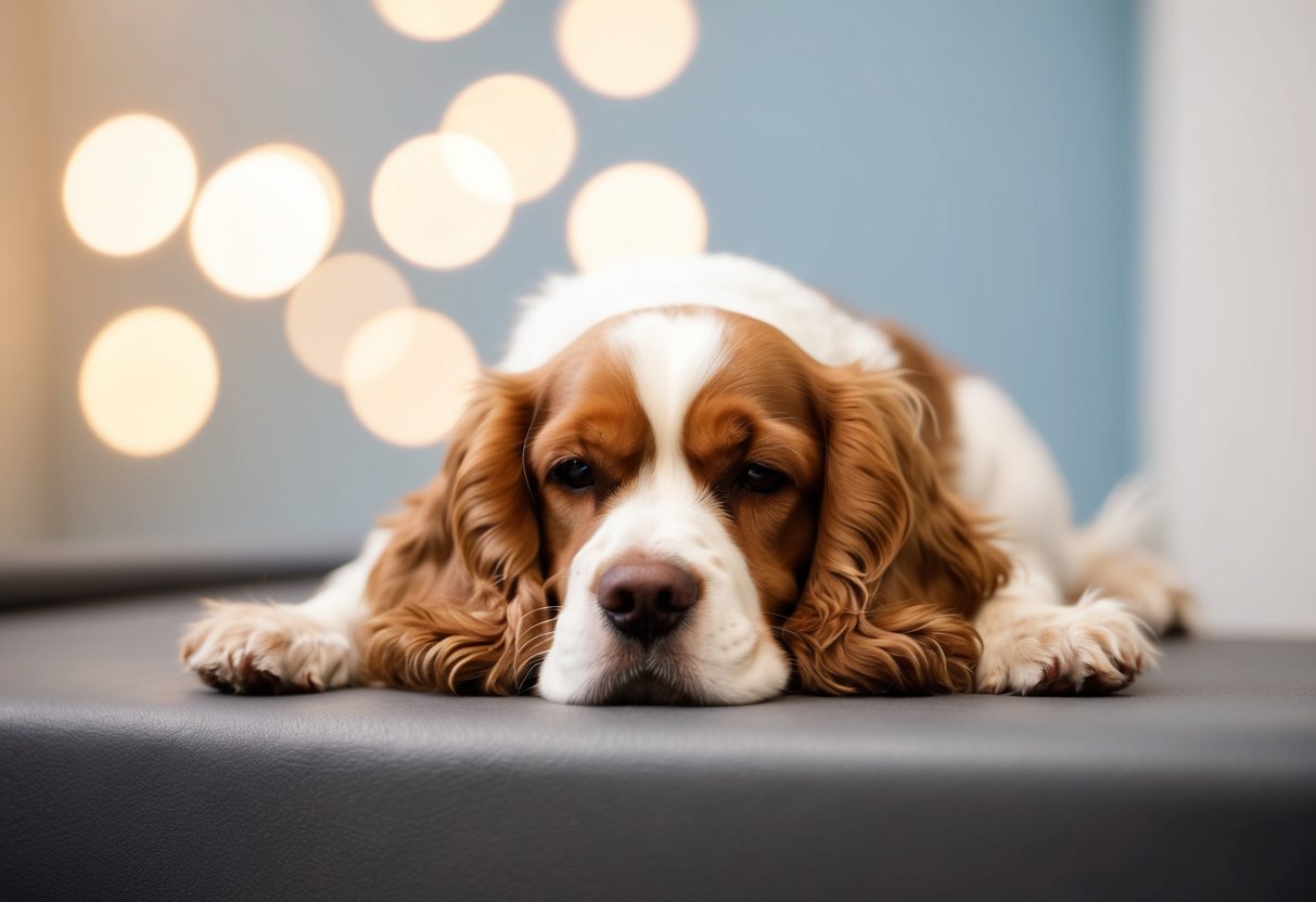 A contented Cocker Spaniel rests peacefully, displaying calm behavior after being neutered