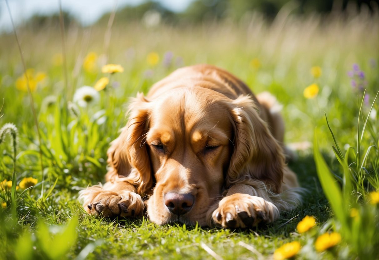 A golden cocker spaniel lies peacefully in a sunlit meadow, surrounded by tall grass and wildflowers. Its eyes are closed, and its ears are relaxed as it basks in the tranquility of the scene