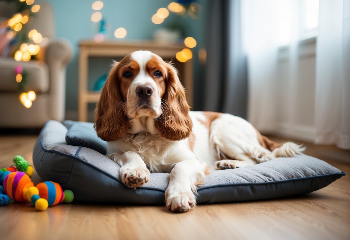 A relaxed cocker spaniel lounging peacefully, surrounded by toys and a cozy bed, with a serene expression on his face