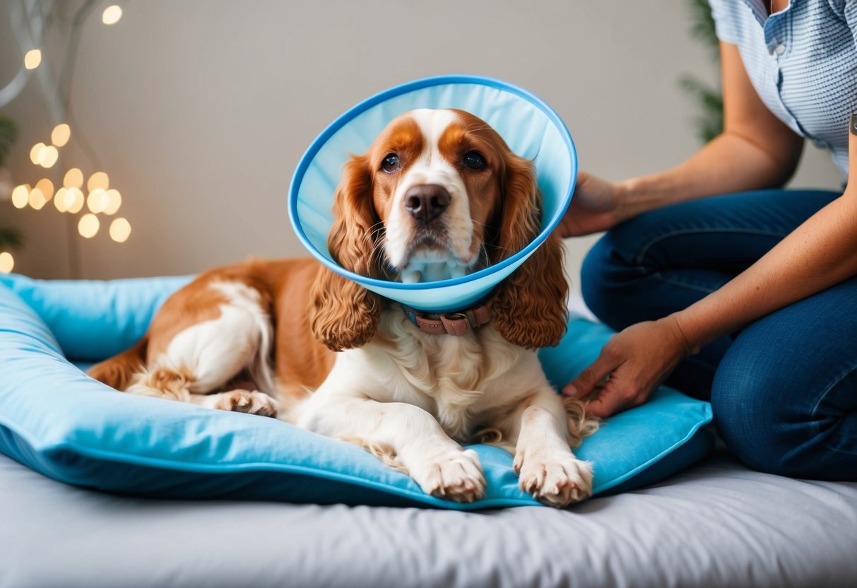 A contented cocker spaniel resting comfortably with a protective cone around his neck, surrounded by soft bedding and receiving gentle care from his owner