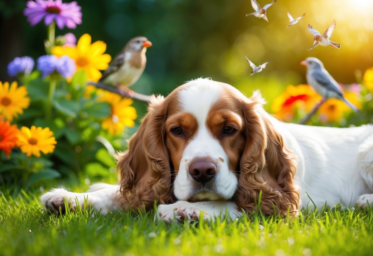 A Cocker Spaniel lying peacefully in a sunlit garden, surrounded by colorful flowers and chirping birds