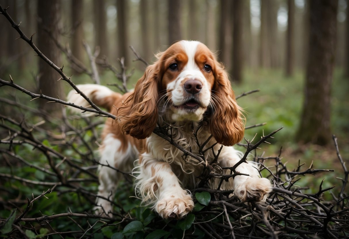 A cocker spaniel tangled in its long, curly fur, struggling to free itself from a thorny bush in a dense forest