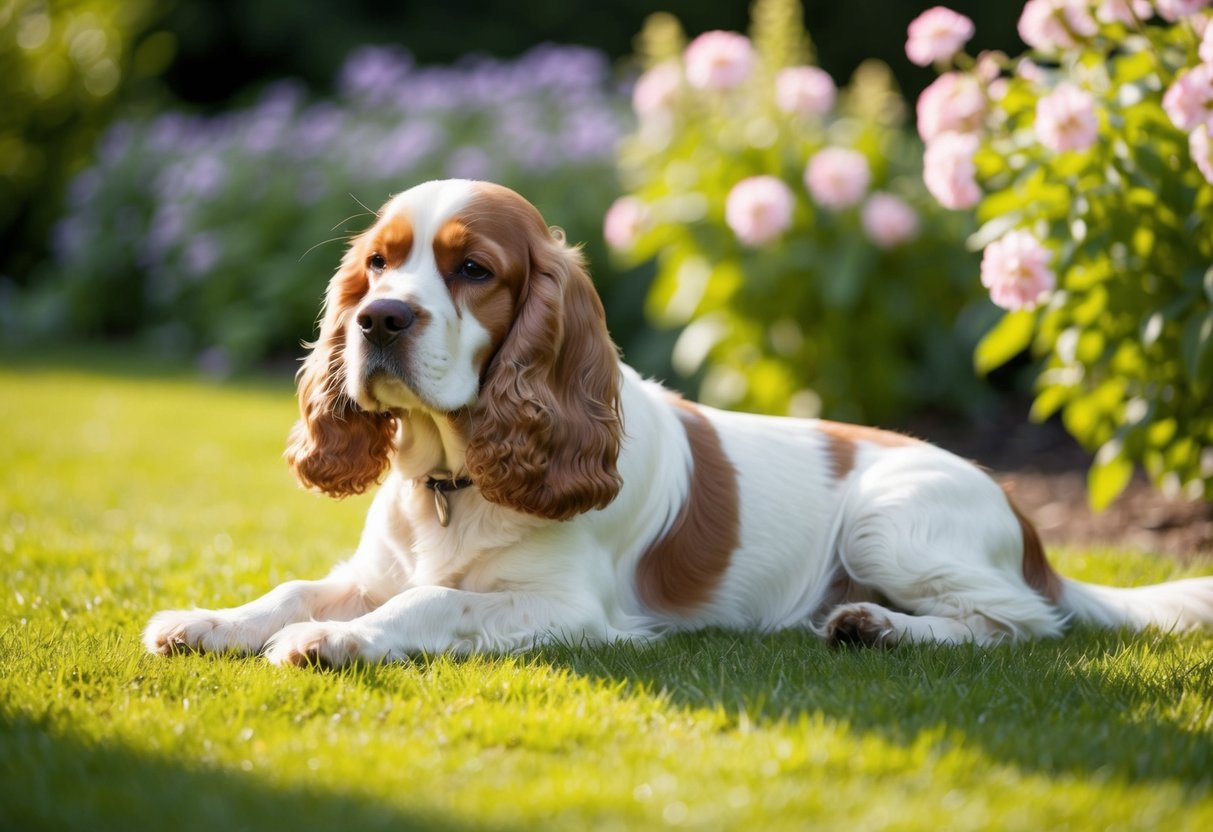 A serene Cocker Spaniel lies peacefully in a sunlit garden, surrounded by blooming flowers and a gentle breeze