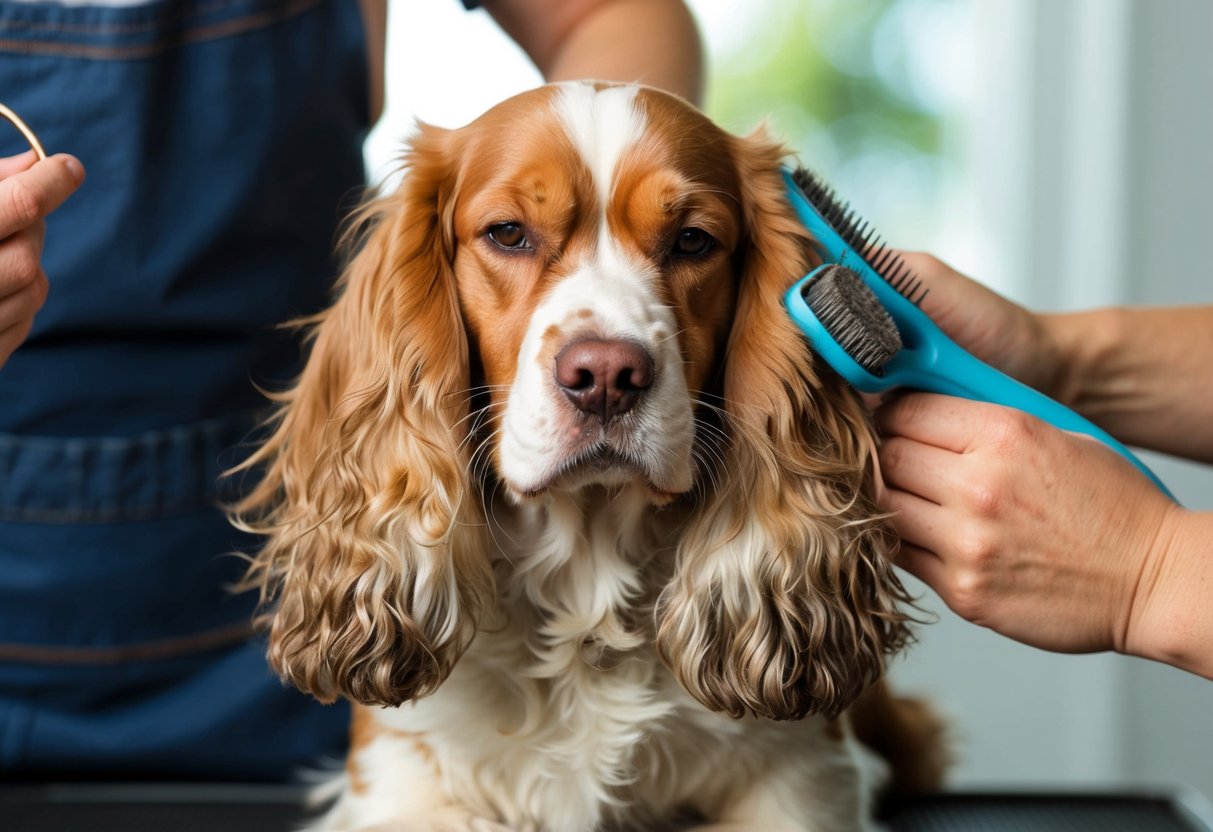 A cocker spaniel with matted fur and tangled ears, looking uncomfortable during grooming