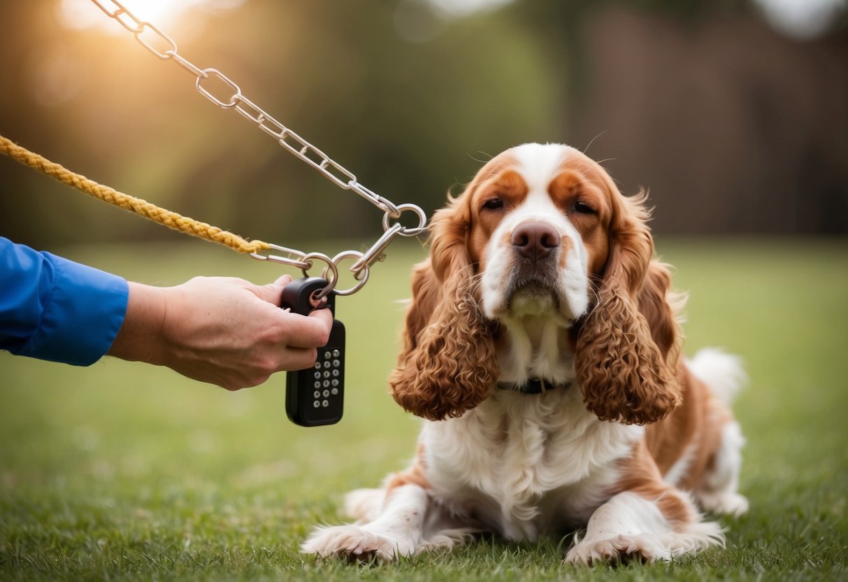 A frustrated cocker spaniel ignores commands during training, displaying stubborn behavior