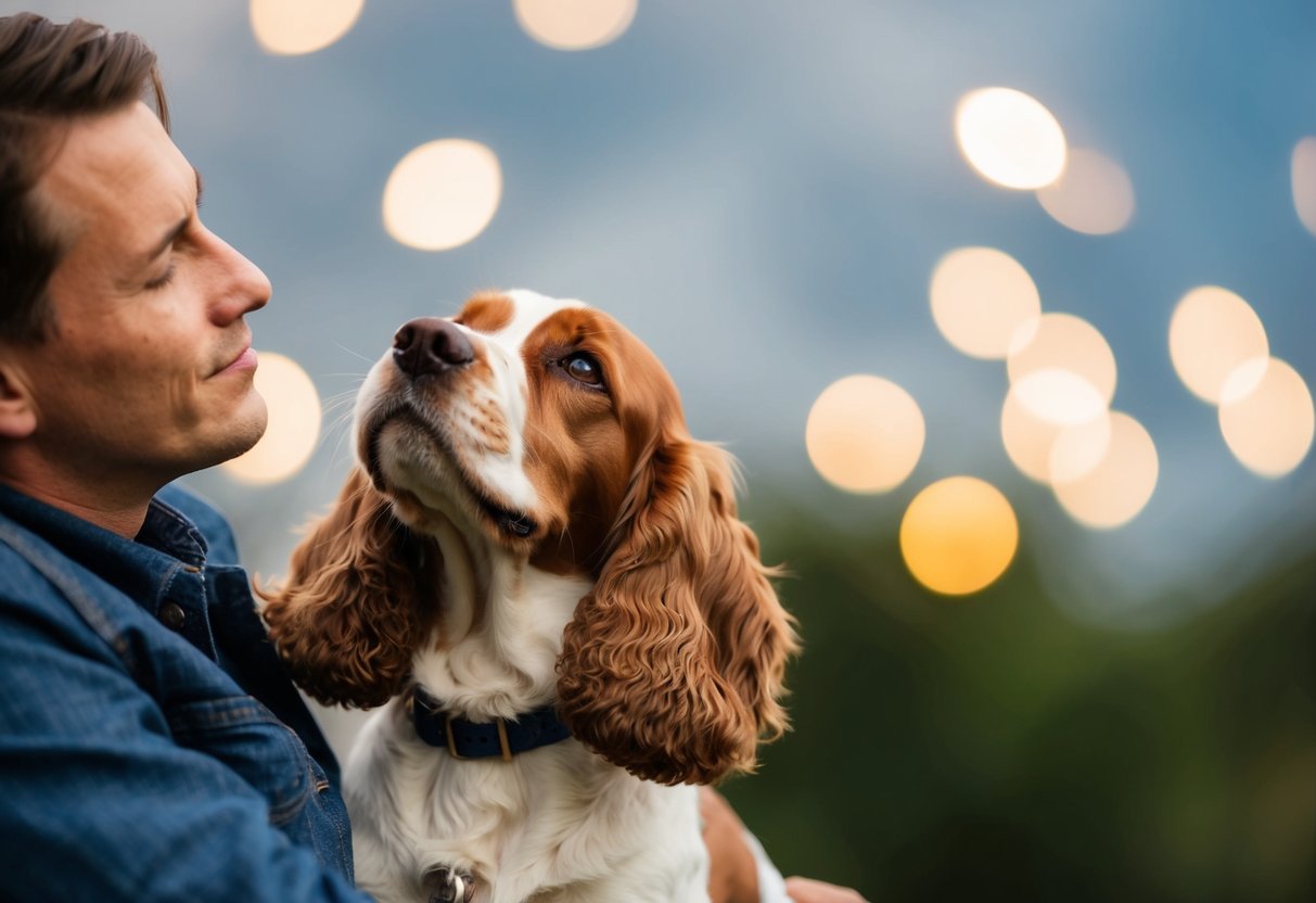 A cocker spaniel nuzzles closely to a seated figure, gazing up with adoring eyes