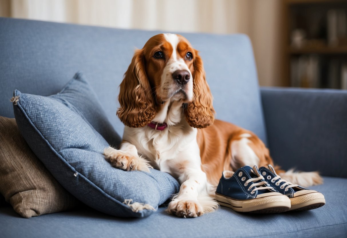 A Cocker Spaniel sits alone, looking forlorn, next to a chewed-up couch cushion and a torn-up pair of shoes