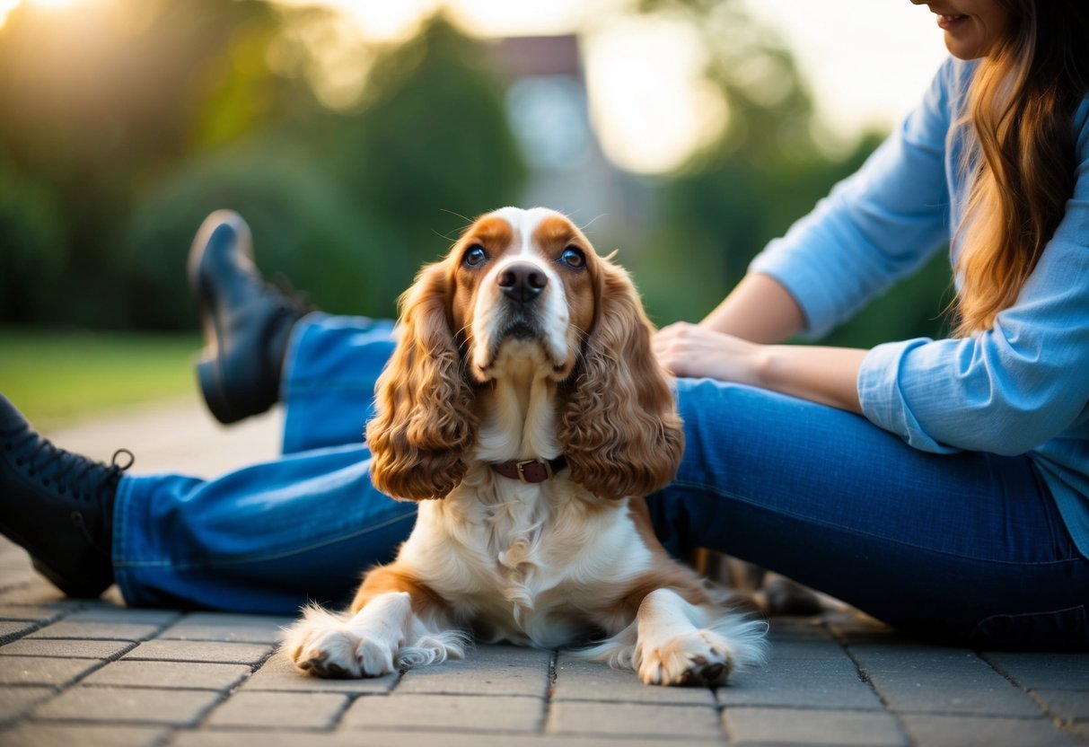 A Cocker Spaniel laying at the feet of its owner, gazing up with adoring eyes
