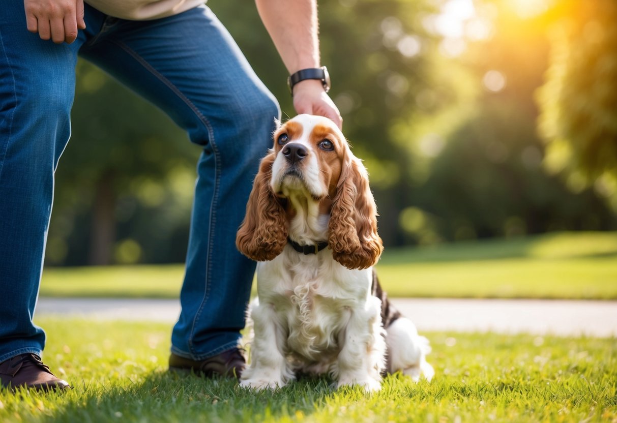 A Cocker Spaniel nuzzles affectionately against its owner's leg, gazing up with adoring eyes. The two share a strong bond as they play in a sun-drenched park