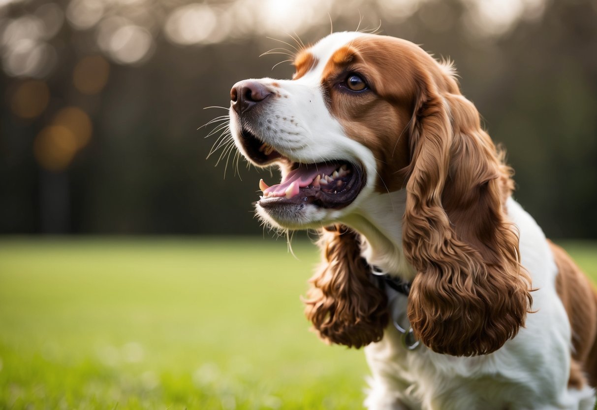 A cocker spaniel barking and growling with raised hackles